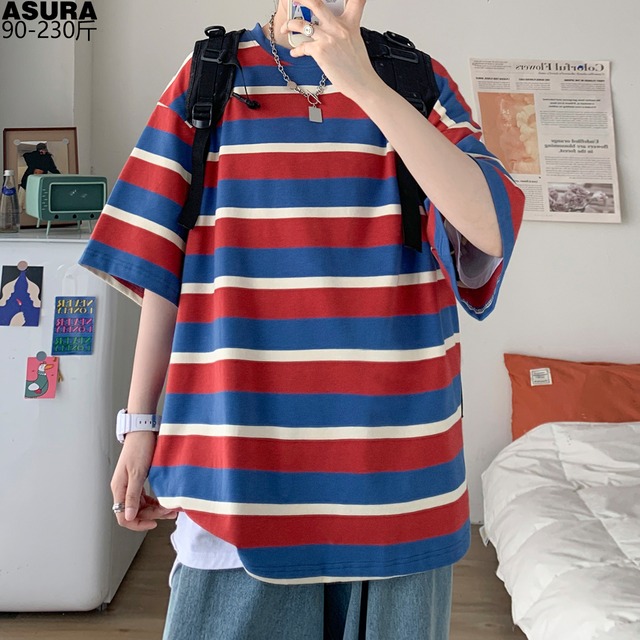 ストライプシャツ Tシャツ ルーズサマー薄手スタイル 大きめサイズ 夏物 ASURAプラスサイズメンズ58237185644