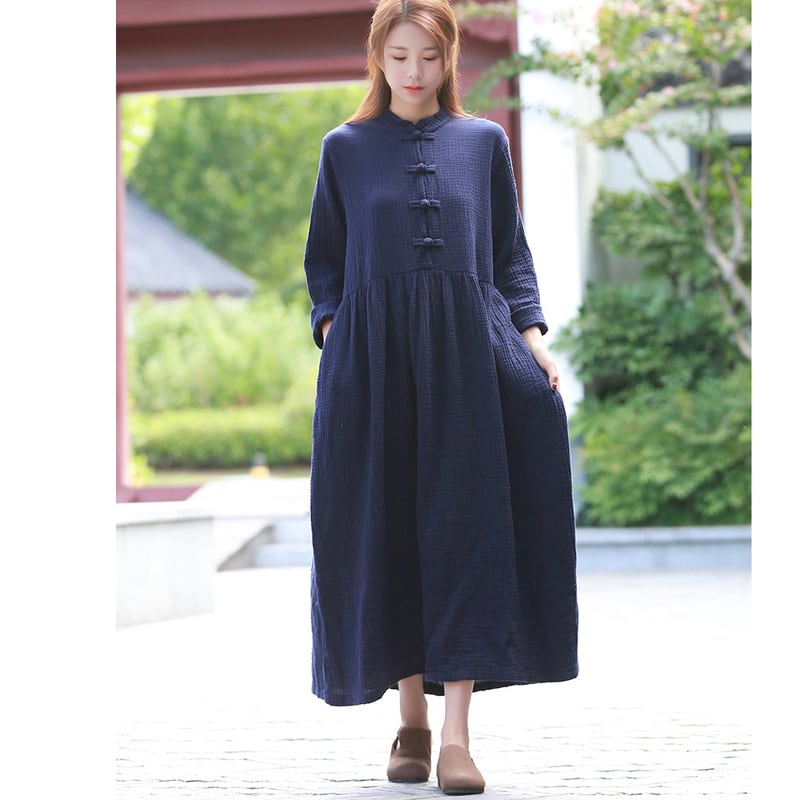 5color チャイナ風ワンピース ロング丈 棉麻 中華服 チャイナ風服