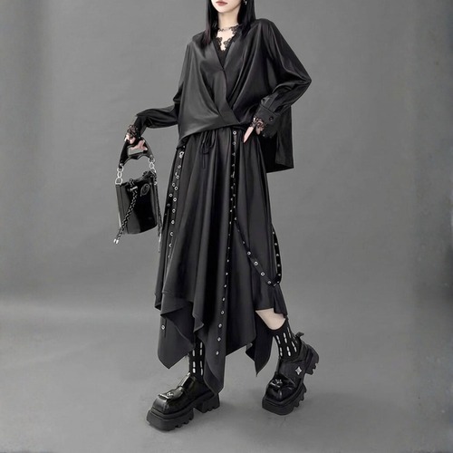 Drape wrap blouse & asymmetric skirt setup C1477