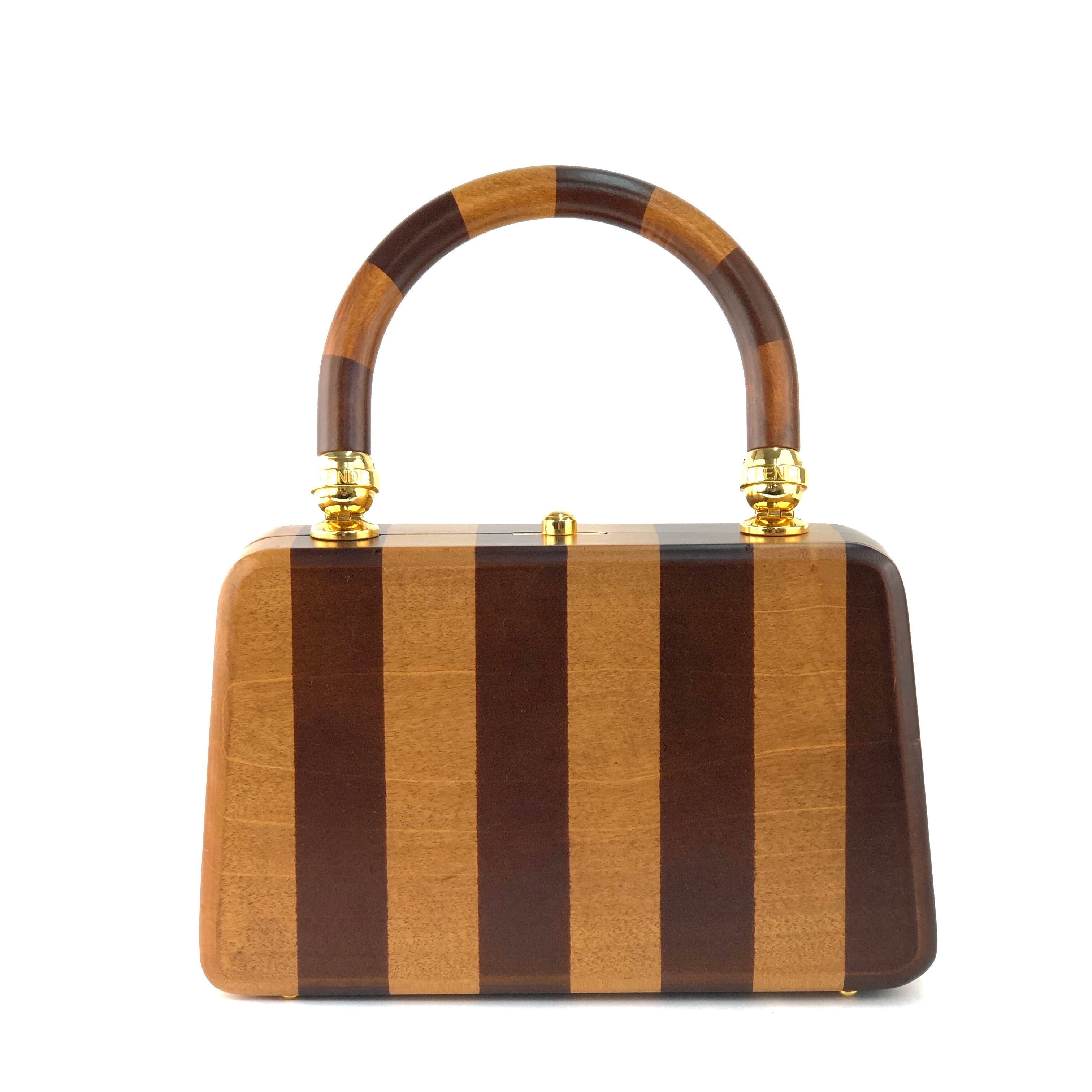 FENDI フェンディ ズッキーノ ストライプ 木製 ウッドハンドバッグ