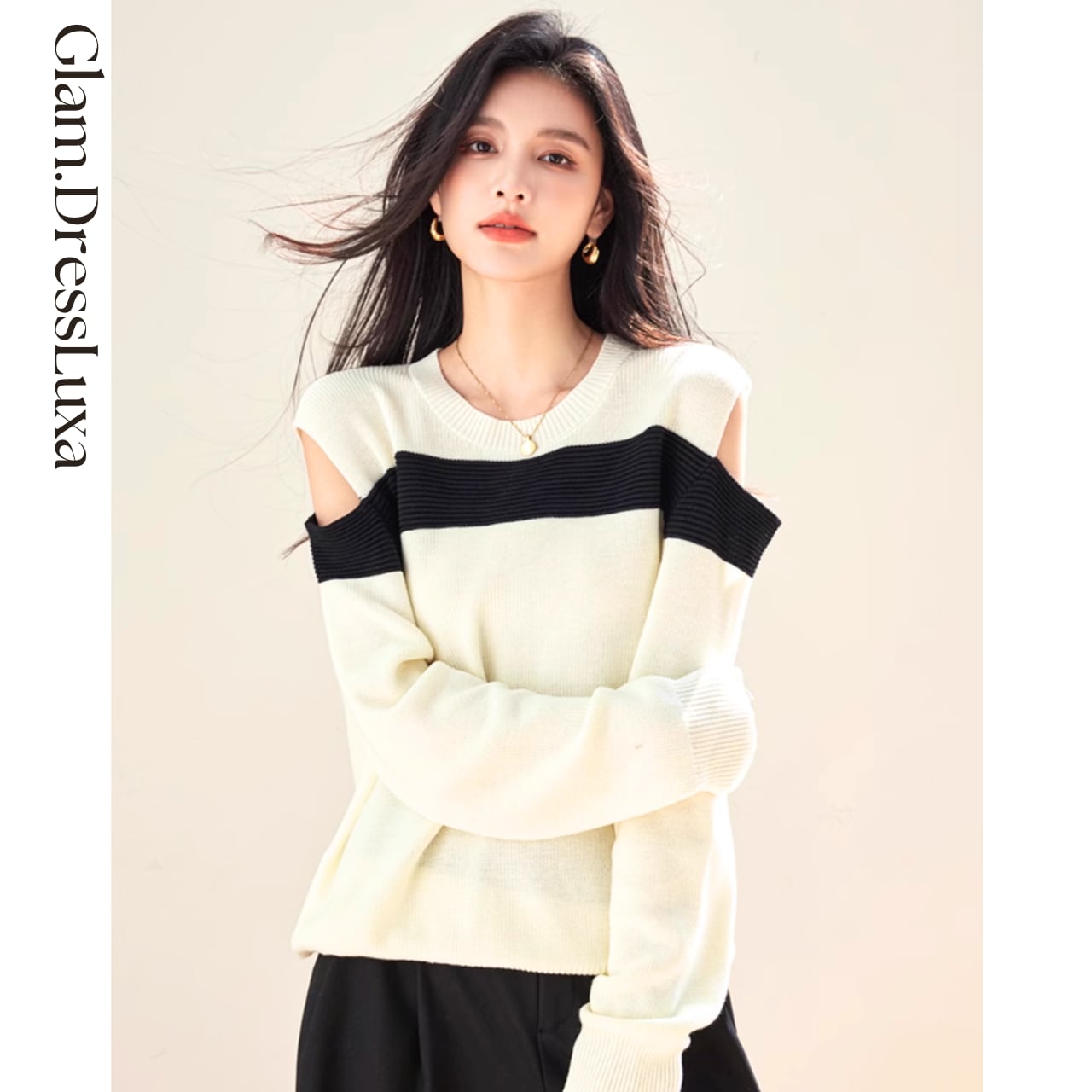 ラインオフショル ニットトップス_T1094