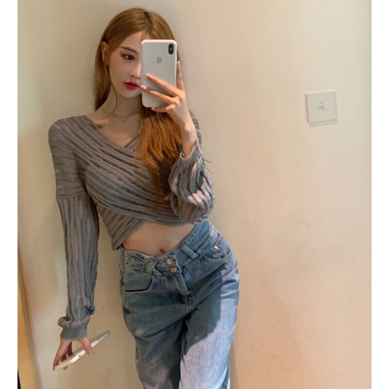 クロスVネックショートニット サマートップス 長袖スリーブブラウス ロング 夏物 ガールズファッション92581605203