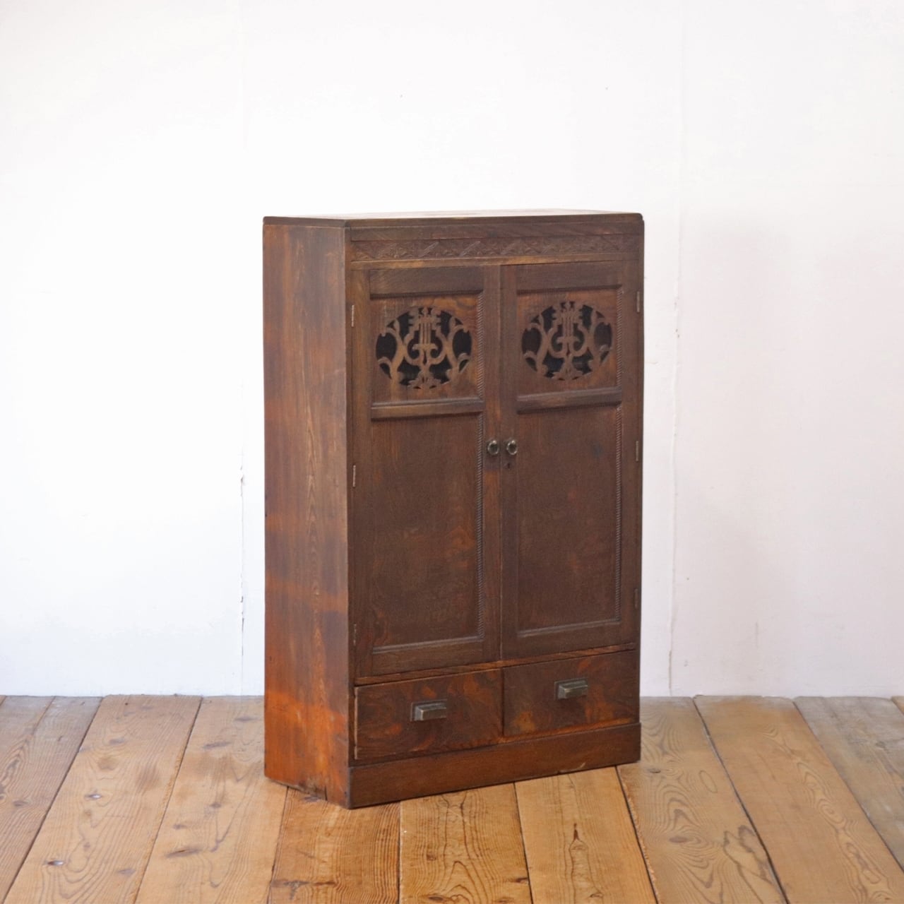 レトロ 小振り ガラスキャビネット 本箱 収納 ラック 引き出し 抽斗 2