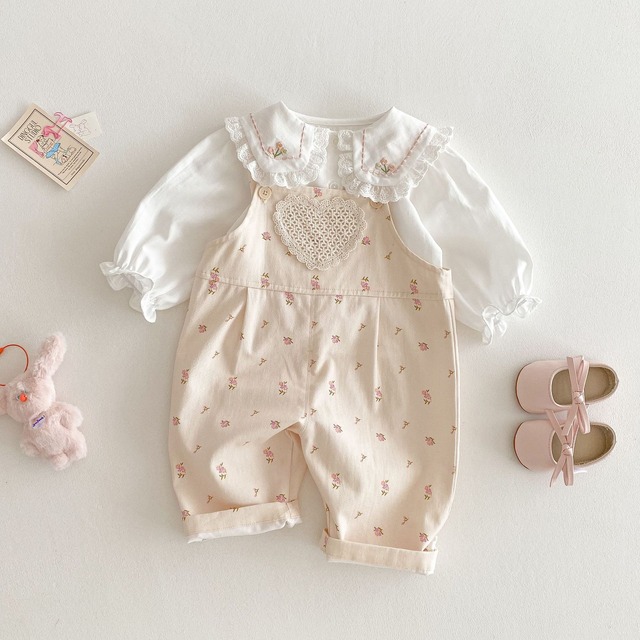 【BABY&KID】春新作　ピンク花ハートサロペット