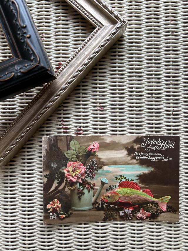 アンティークポストカード Poisson d'Avril ４月の魚 1918年 額装 インテリア フランス