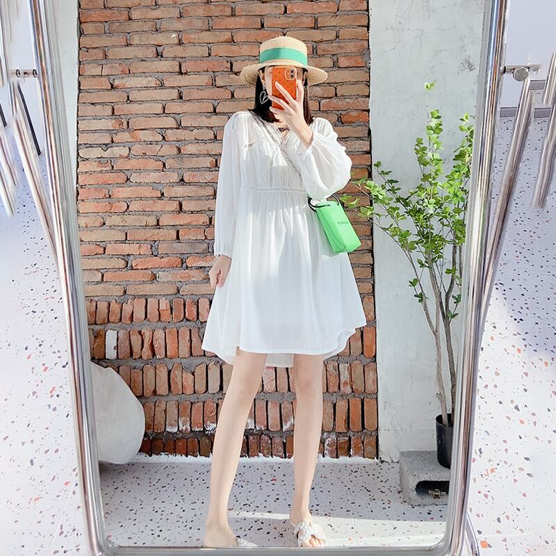 サマースタイルVネックソリッド カラードレス トップス ロング 夏物 ソリッドカラー ミックスインファッション33126615334