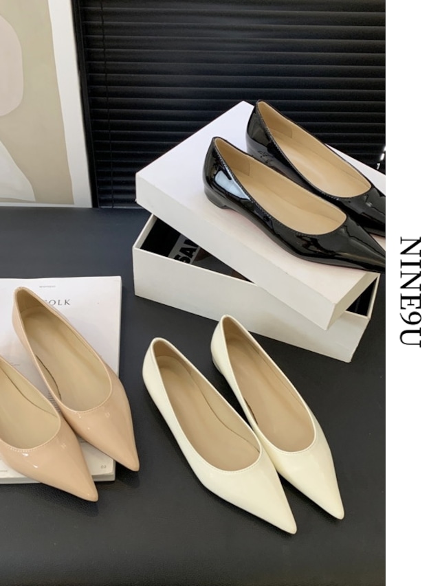 pointed-toe enamel low-heel pumps 3color【NINE7495】