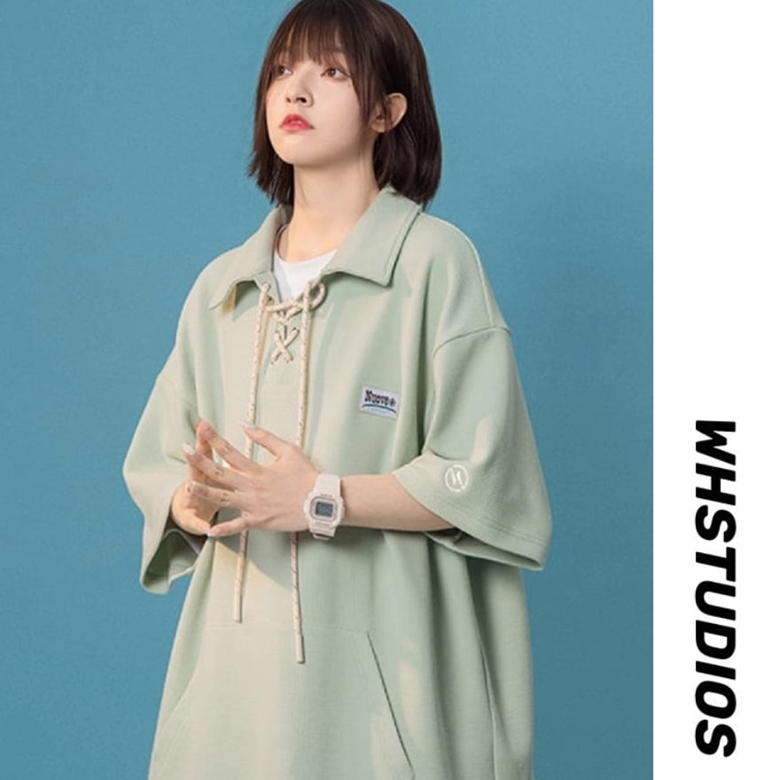 サブカル 服 地雷系 通販 POLOシャツ スポーティ 鹿の子 編み上げ グリーン イエロー 普段着 韓国ファッション オルチャン