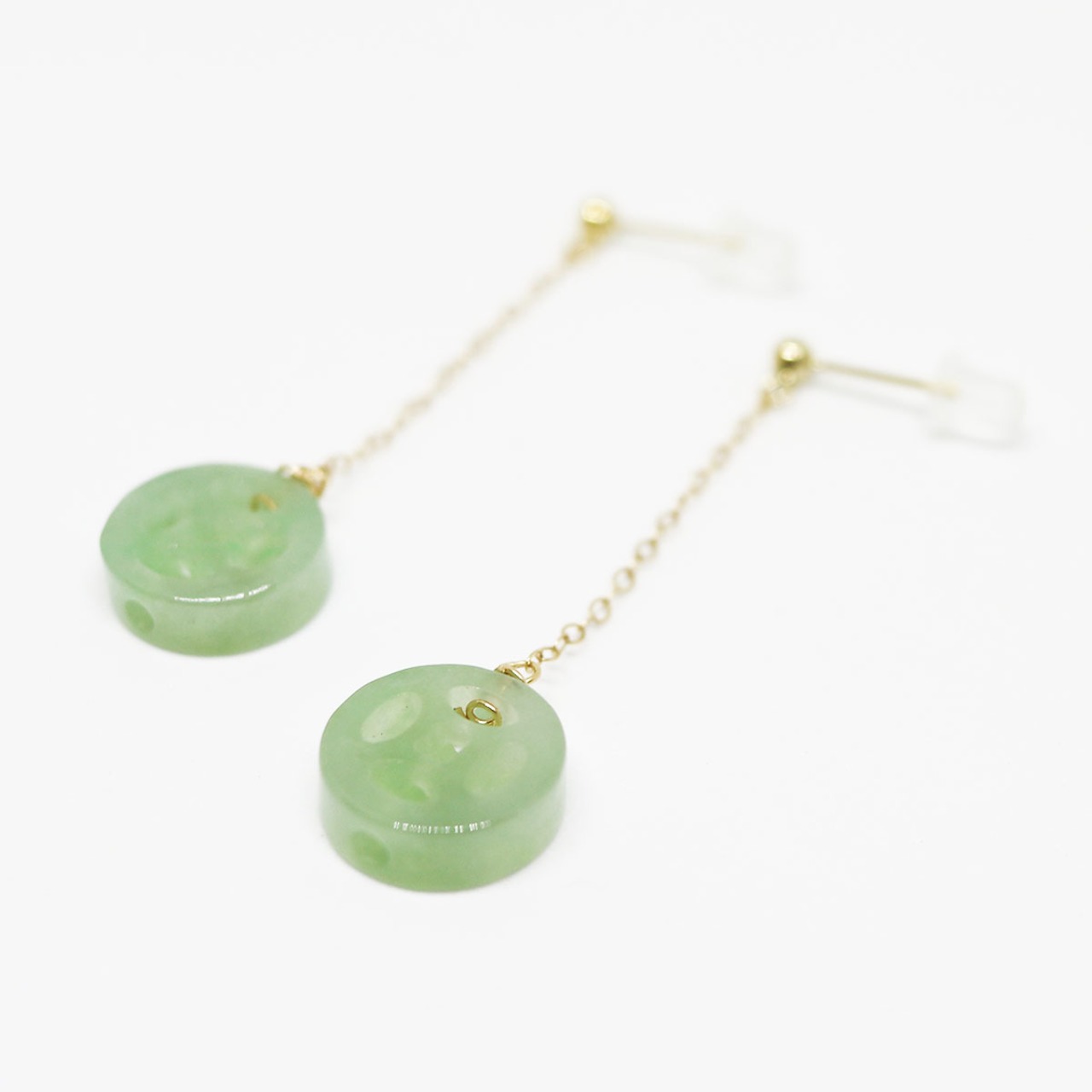 耳元から美しく光る翡翠 K14gf チェーン 透かし彫り ピアス A貨翡翠 jd_mm1005