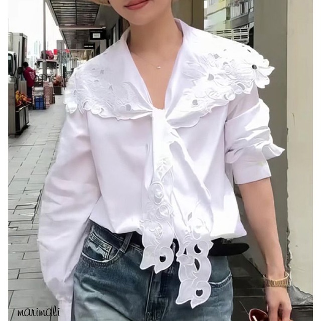 リボンタイ レース ワイド カラー シャツ ブラウス 25157