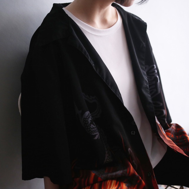 "龍×漢字" fire pattern over size h/s shirt