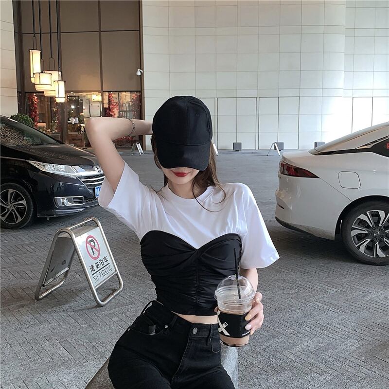 ブラックスリムステッチフェイクツーピーストップス夏半袖2020新作クロップドショートTシャツレディースインタイド ブラックストロベリース93598046963