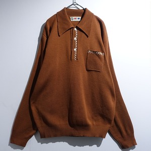 70s Brown Geometric Design Big Collar Knit Polo