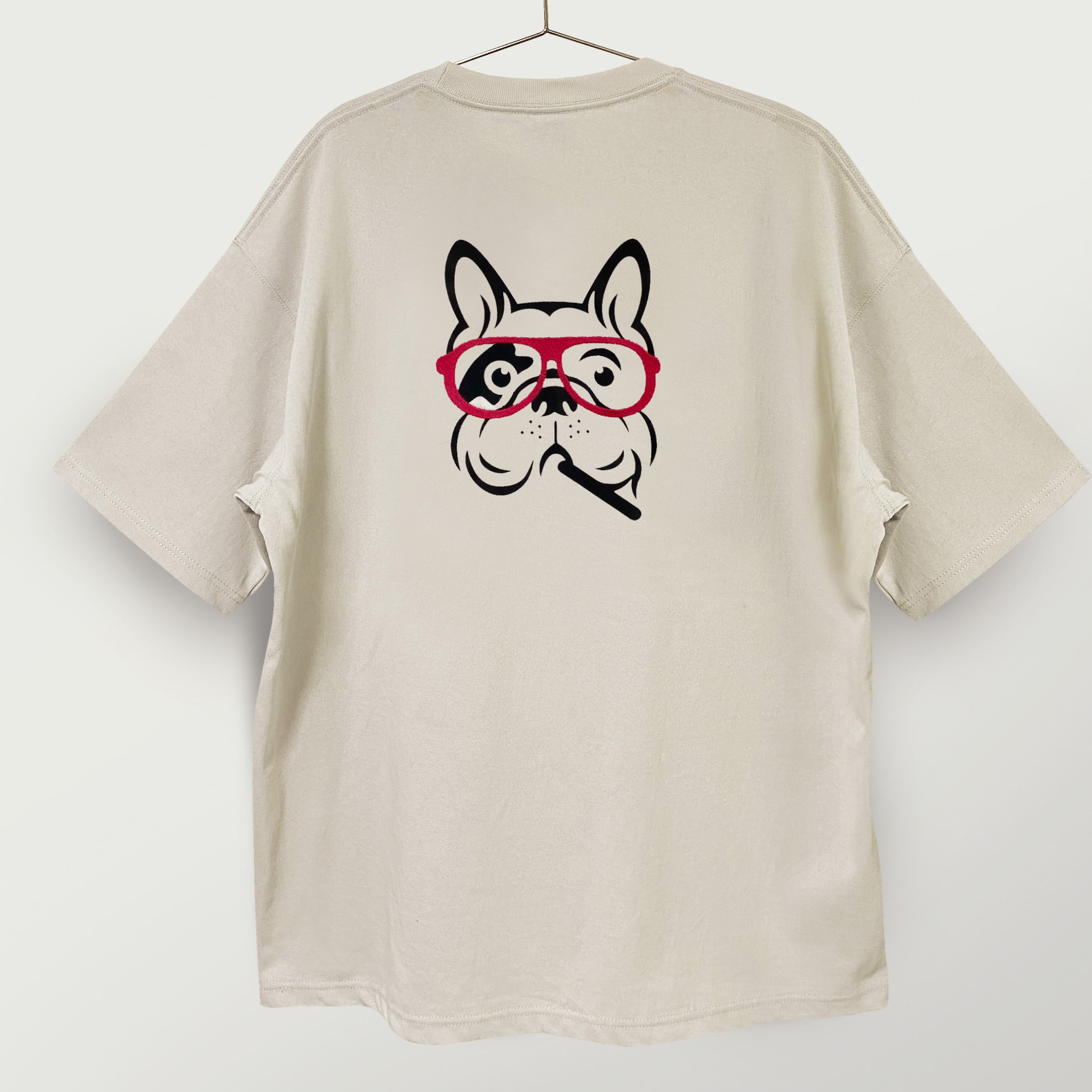 刺繍＆ステンシル☆半袖T-shirt／犬と眼鏡。