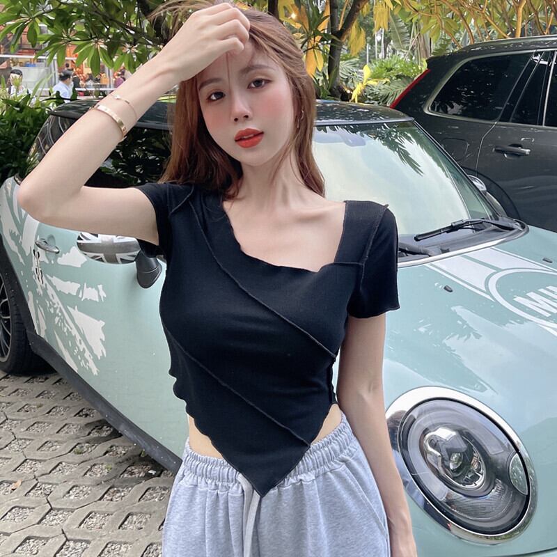 サイドスリットショートブラックTシャツ サマートップス 夏物 ガールズファッション67806366104