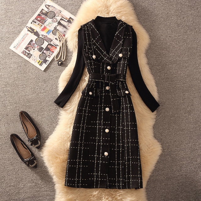 セットアップ 2点セット 2色展開 ツイード トップス+ベストワンピース チェック柄 ホワイト ブラック S M L XL