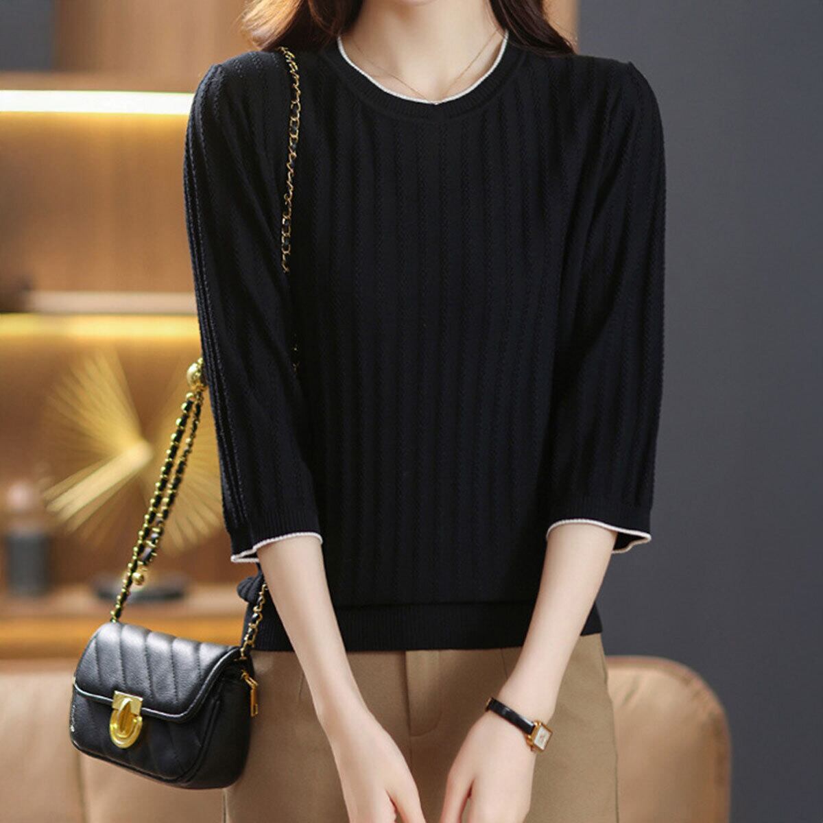 透かし編み ニット 七分袖 レディース 春夏 韓国 リブニット きれいめ シンプル 大人 カジュアル おしゃれ クルーネック トップス インナー サマーニット 大人可愛い 大人女子