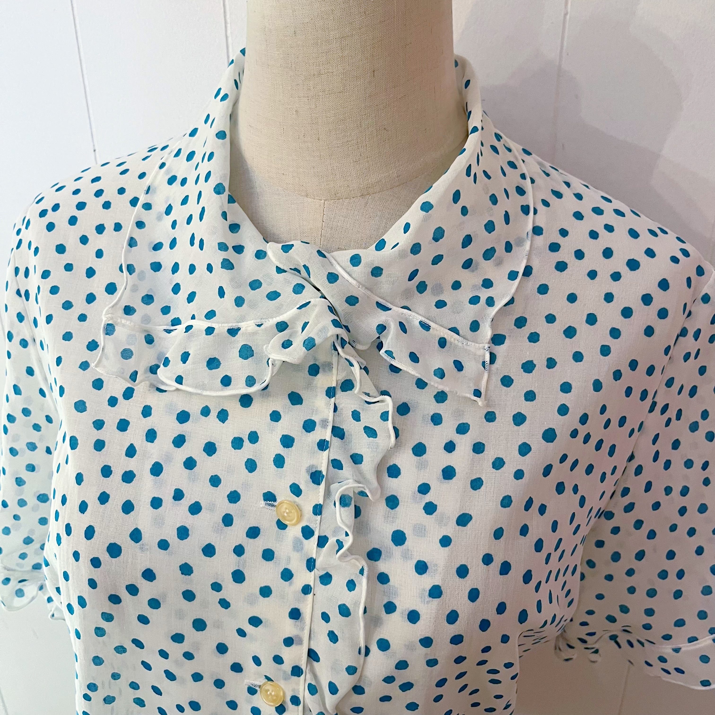 water blue dot frill blouse