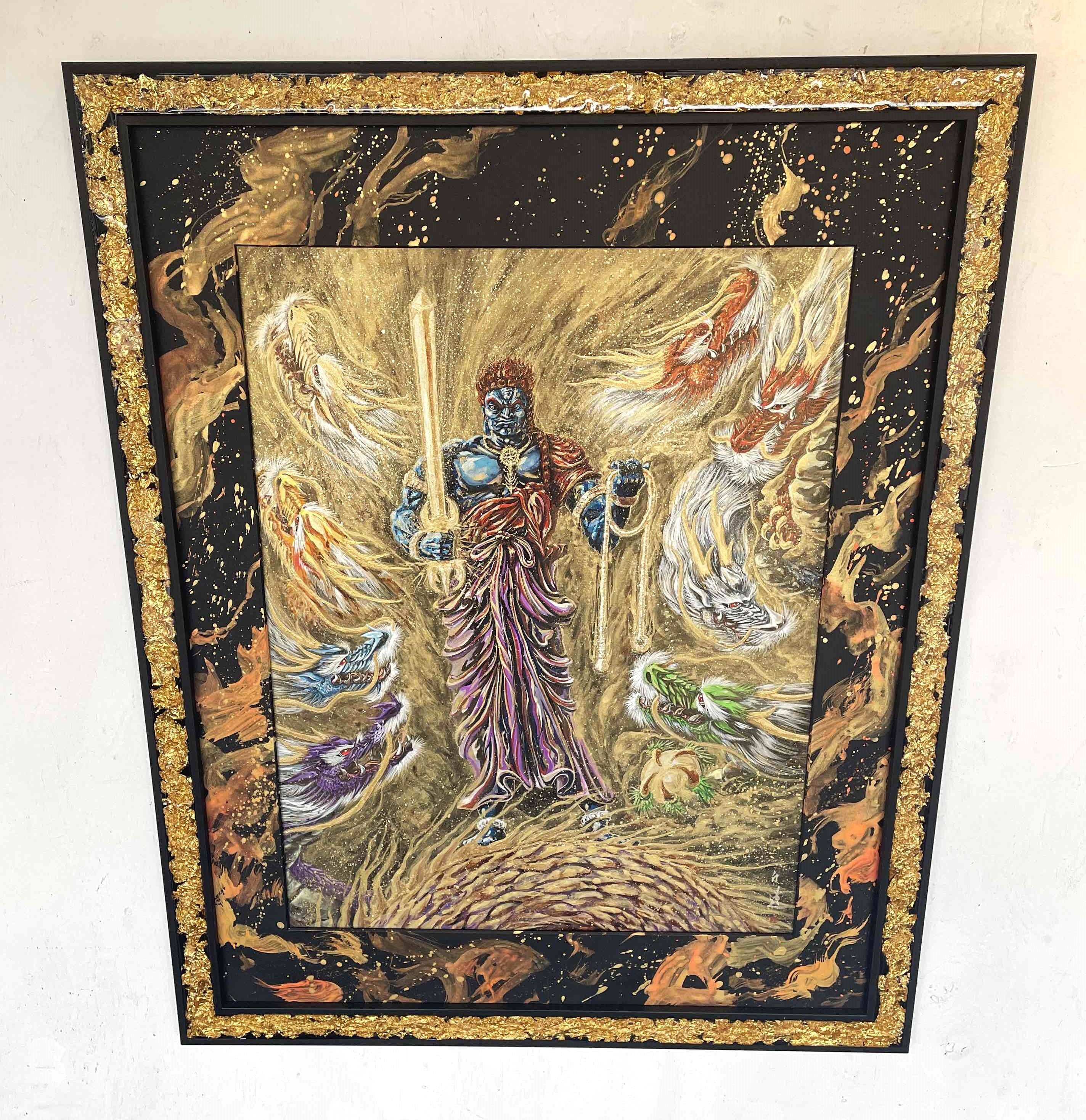 現代水墨画家 絵師白道 「青不動明王と八大龍王」直筆作品 証明書