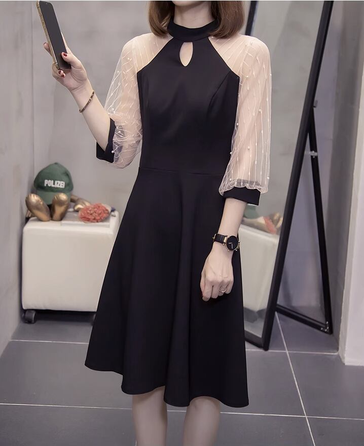 ドレス パーティードレス パーティドレス 二次会ドレス 膝丈ドレス Aラインドレス 膝丈 ひざ丈 袖あり 長袖 Aライン ハイウエスト 透け感 シースルー フォーマル エレガント きれいめ 大人 上品 おしゃれ お洒落 無地 レディース 女性用 パーティー イベント ホテル レストラン ファッション コーデ スタイル 秋 二次会 2次会 お呼ばれ パーティー パーティ サイズ L XL 2XL 3XL 4XL 5XL 黒 ブラック