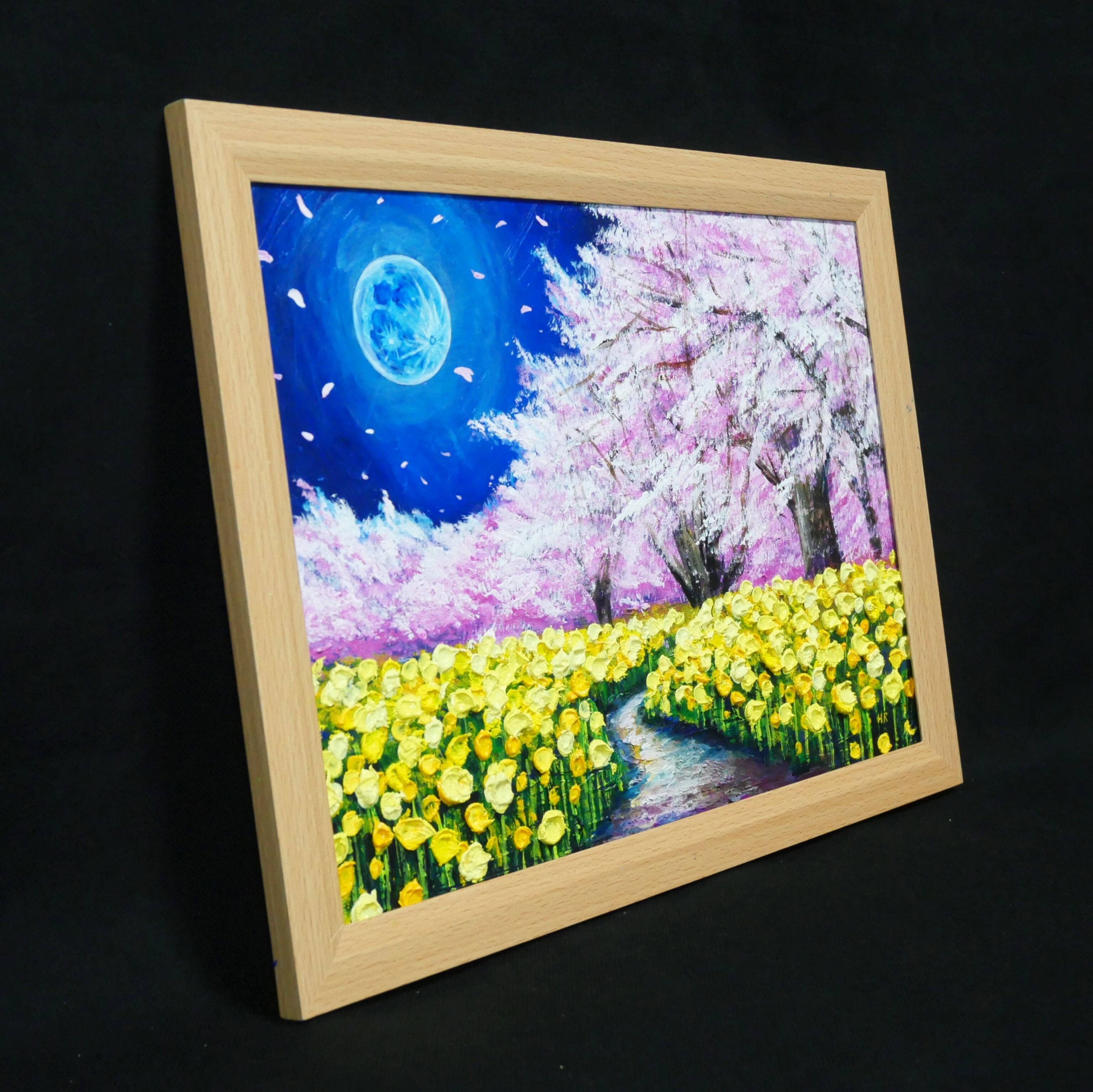 一点物アート】【心癒される春の夜：静寂を照らす月の光】油彩絵画