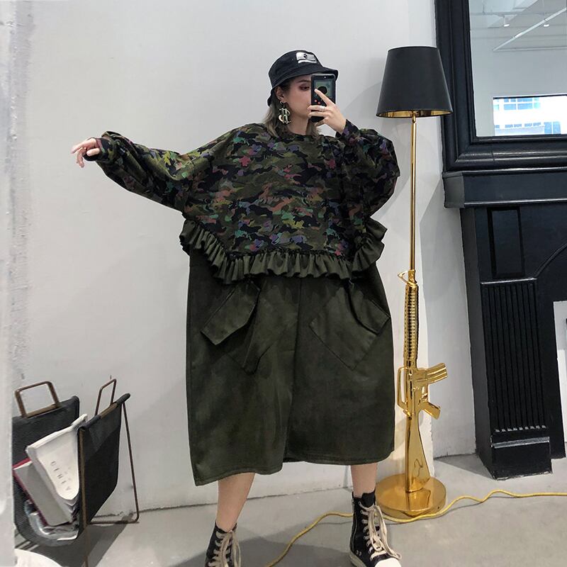 ドレス スプリングオータム薄手迷彩柄ベルベットスカート ロング 大きめサイズ 春物 秋物 ステッチ ラブタオタオダレンハウス28085516093