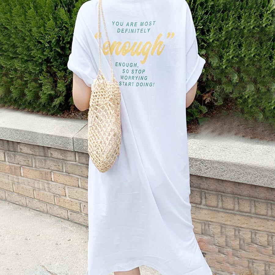 Y 575 Enoughバックロゴtシャツワンピース ホワイト イエローロゴ 0430 Cittaa チッタ 韓国レディースファッション通販