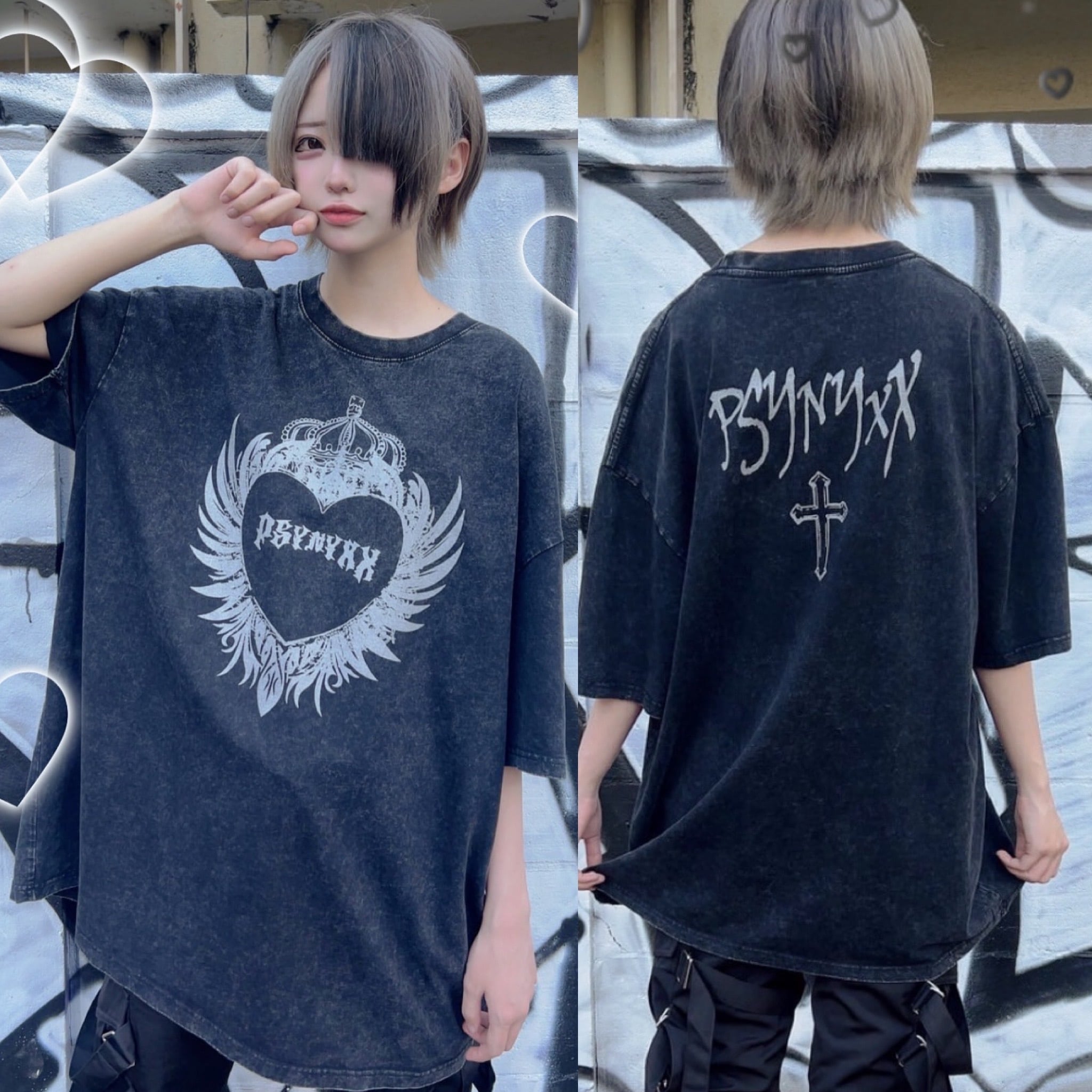 09s y2kノリTシャツ グランジ ツアーT PSYNYXX ハートウィングピグメントショートTシャツ y2k グランジ