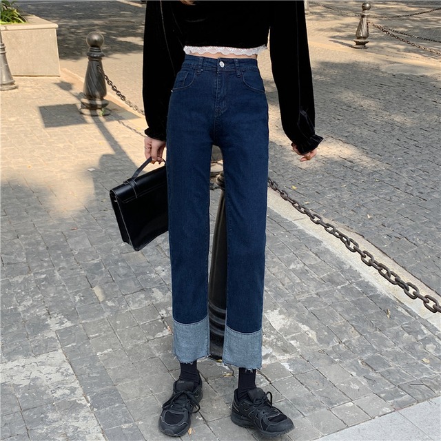 カラージーンズ オータムハイウェスト薄手パンツ クロップド 秋物 ステッチ YY-ファッション12730134830