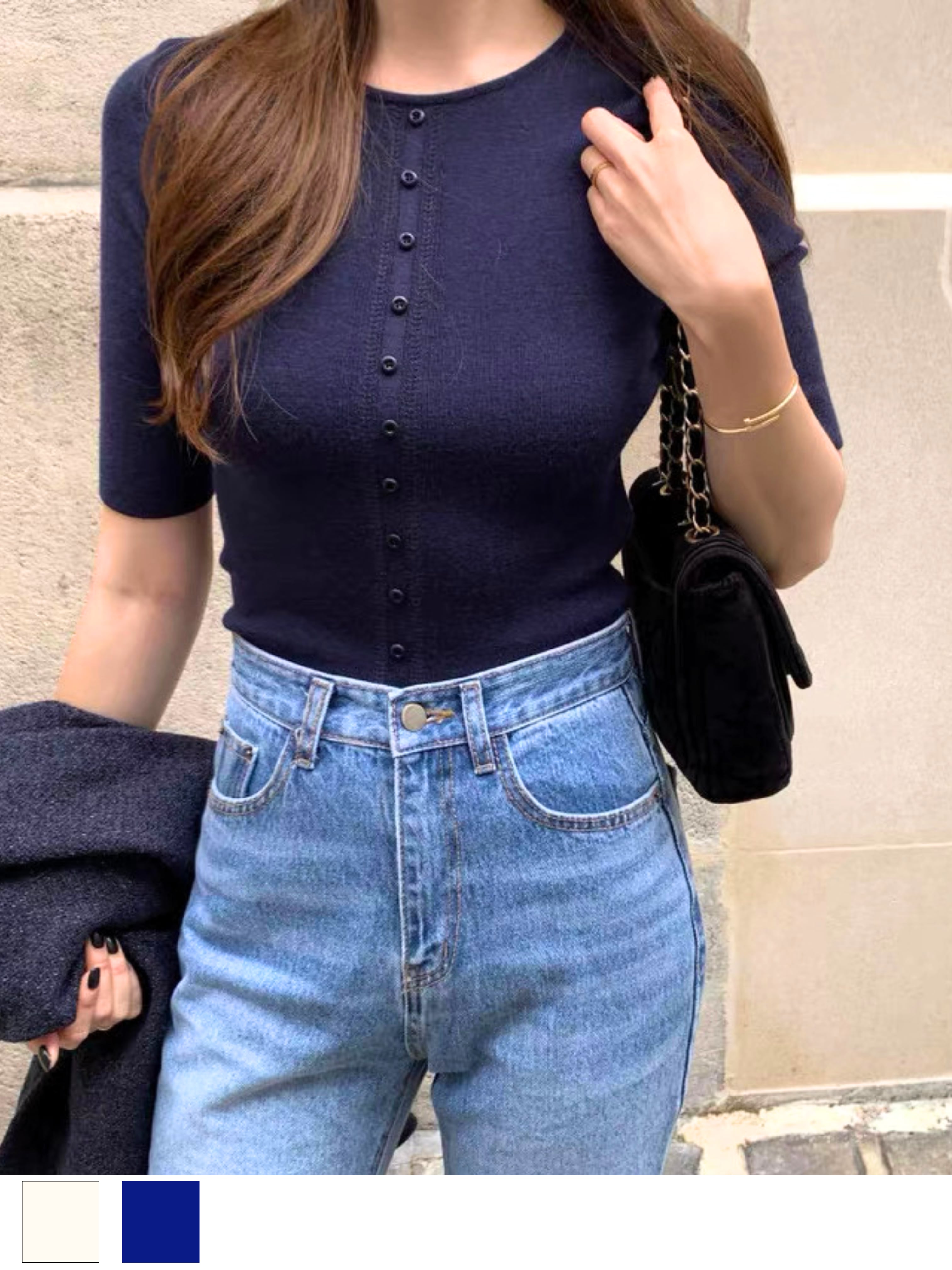 ボタンライクハーフスリーブニットトップス