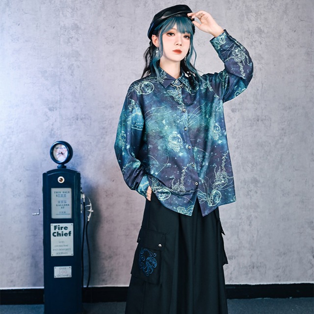 天使と悪魔 チャイナ風 デザインシャツ プリント柄 古怪舍 個性的デザイン 大人かわいい アラサーファッション ストリートファッション　