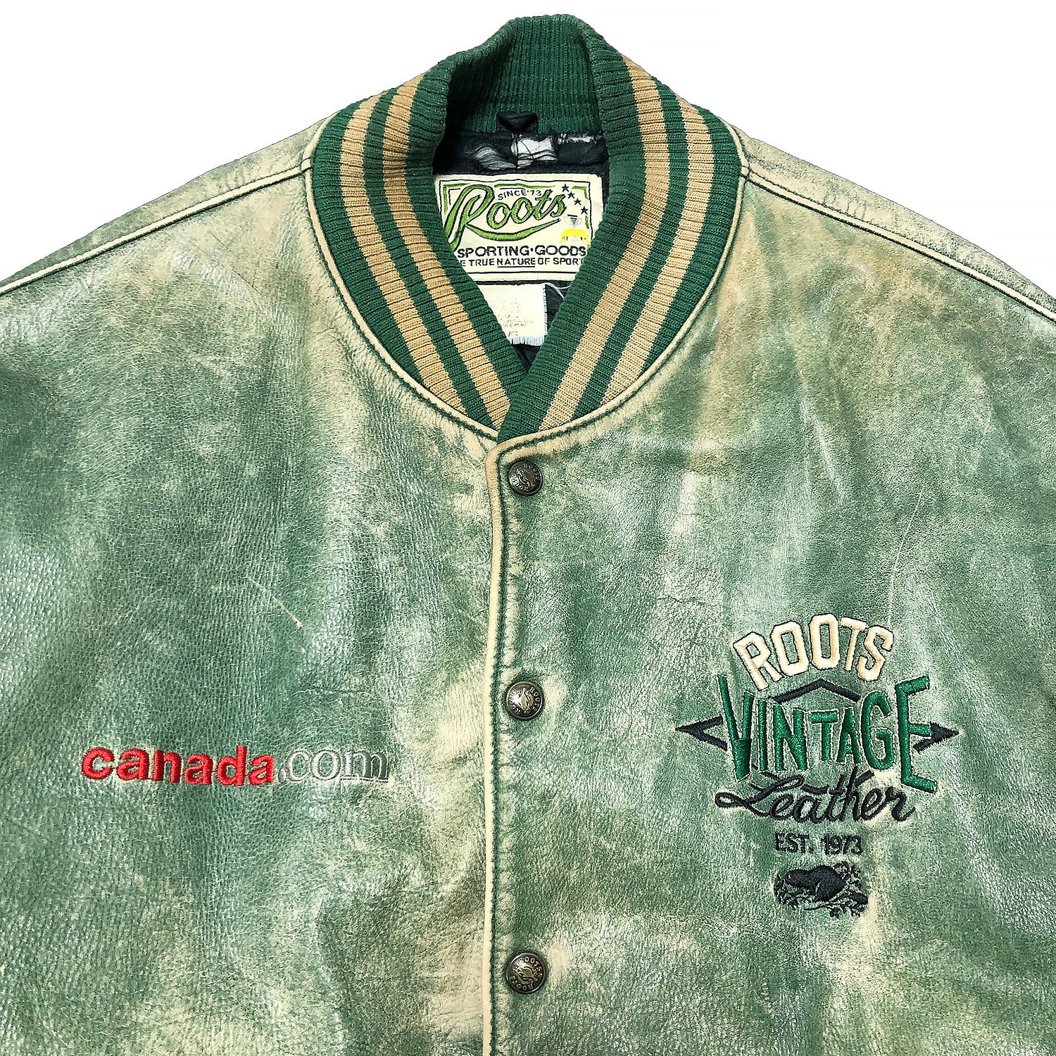 カナダ製 US古着ウール レザー スタジャン 刺繍ロゴ メンズM カナダ製ウールスタジャンバックスキン 企業ロゴ刺繍革ジャン 総柄