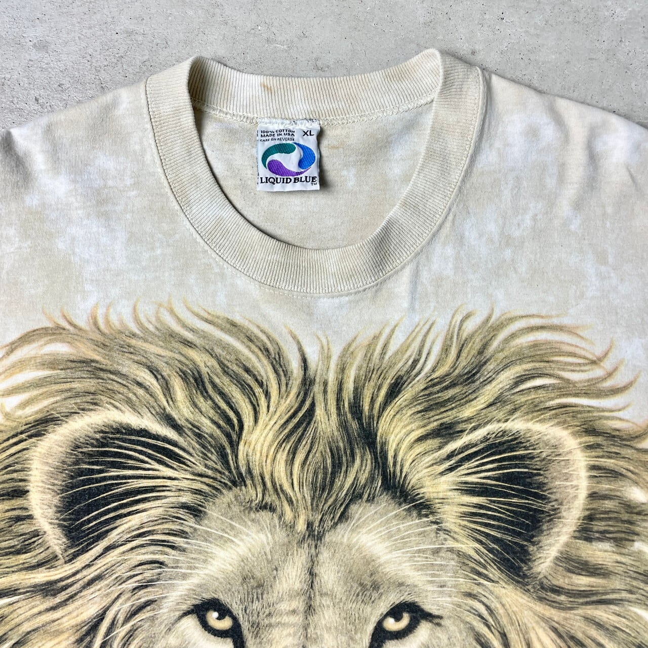 SALE/ 90年代 USA製 LIQUID BLUE ライオンアニマル 動物 半袖 プリントＴシャツ タイダイ柄 ベージュ (メンズ L)   N5533