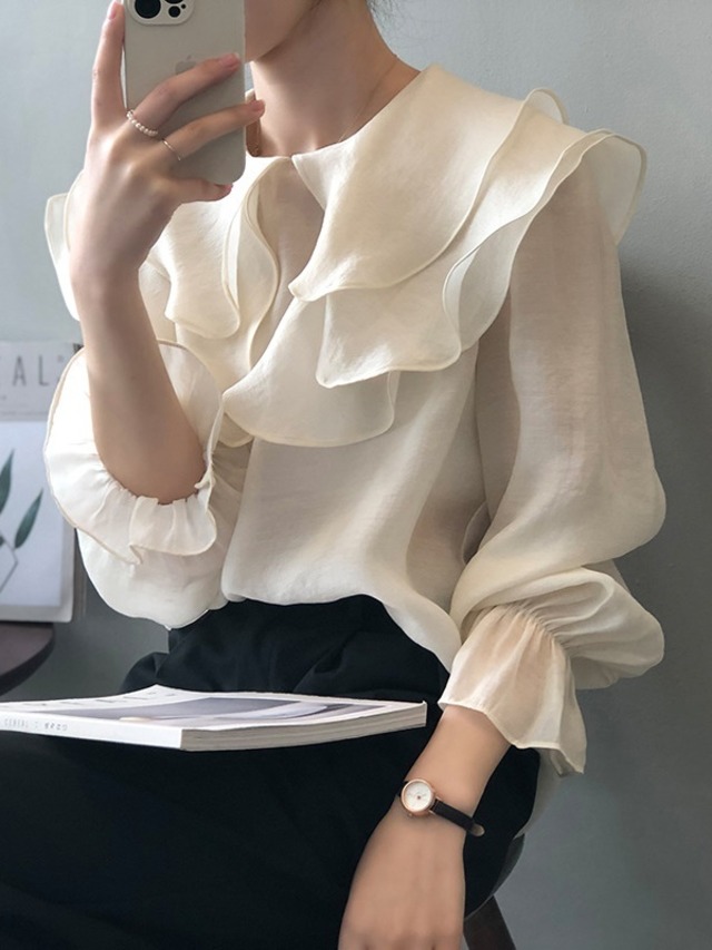 sheer double-collar ballon-sleeve blouse 2color【NINE6288】