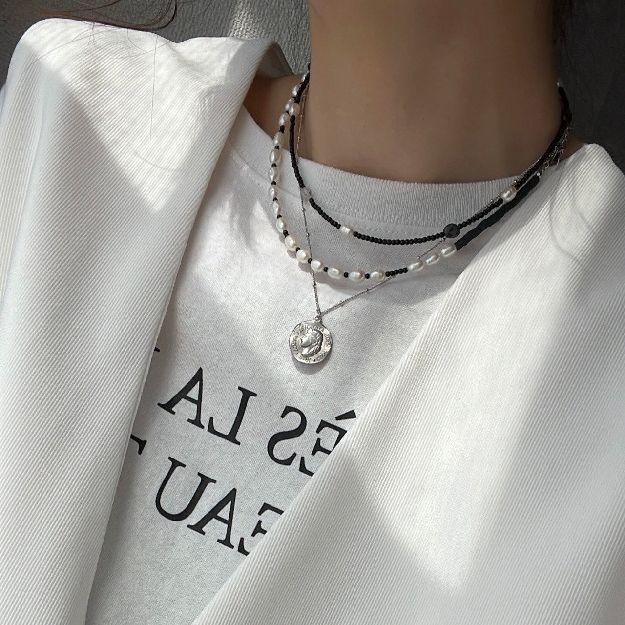 ［3色展開] 天然石 × パール ビーズネックレス ［SSN045］