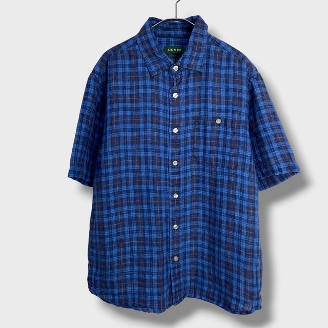 ORVIS チェック柄リネン半袖シャツ　インディゴブルー　M オービス