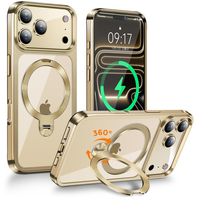 【360°回転スタンド・縦横両立】FONKCASE iPhone 18 / 17 Pro Max 用 ケース Magsafe対応 (ゴールド)