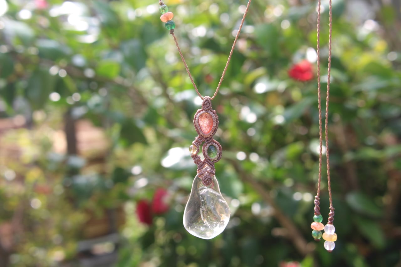 Healing crystal & Sunstone & Chrome Tourmaline micro macrame pendant