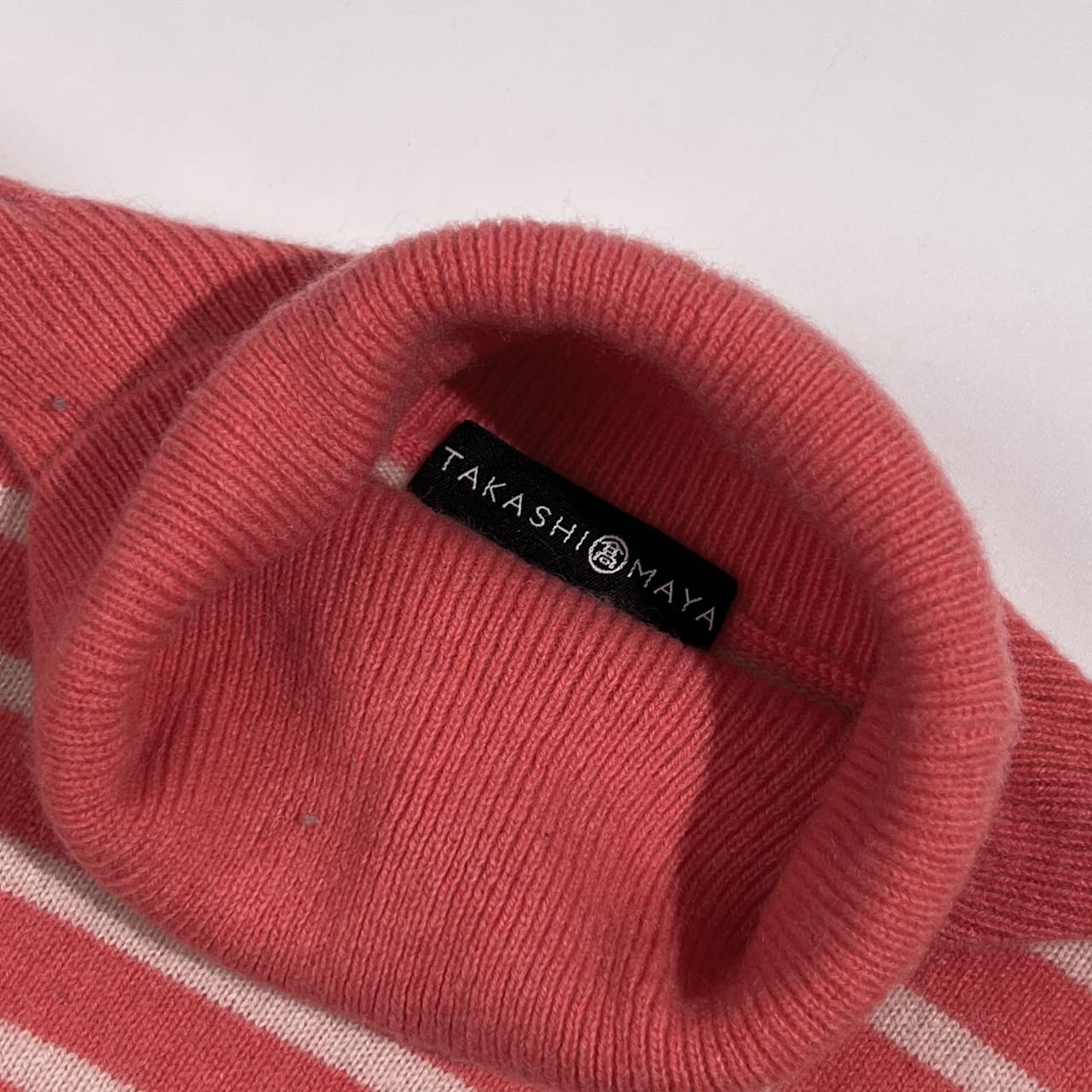 カシミヤ100% 高島屋 TAKASHIMAYA タカシマヤ ボーダー タートルネック ニット セーター M /ピンク×ホワイト系 レディース