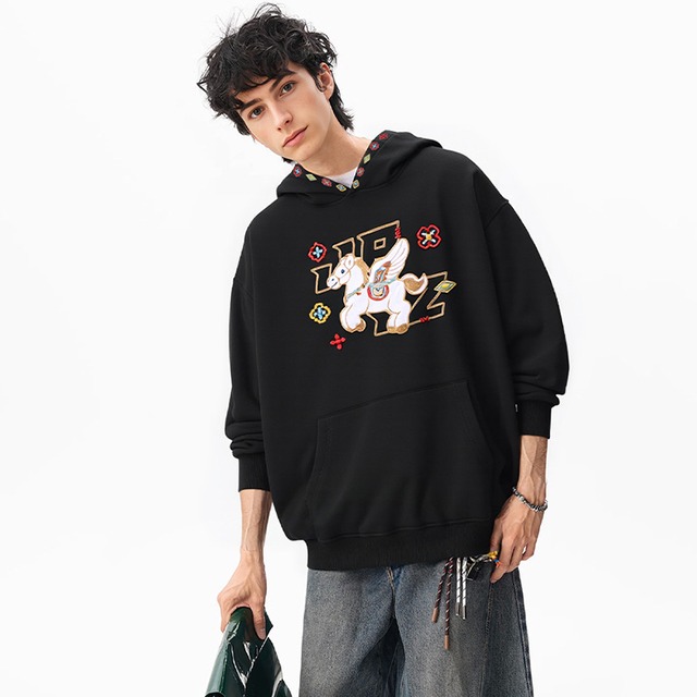 【GUOCHAOシリーズ】★チャイナ風トップス★ 2color 刺繍 パーカー 男女兼用 メンズ ブラック ホワイト 黒 白