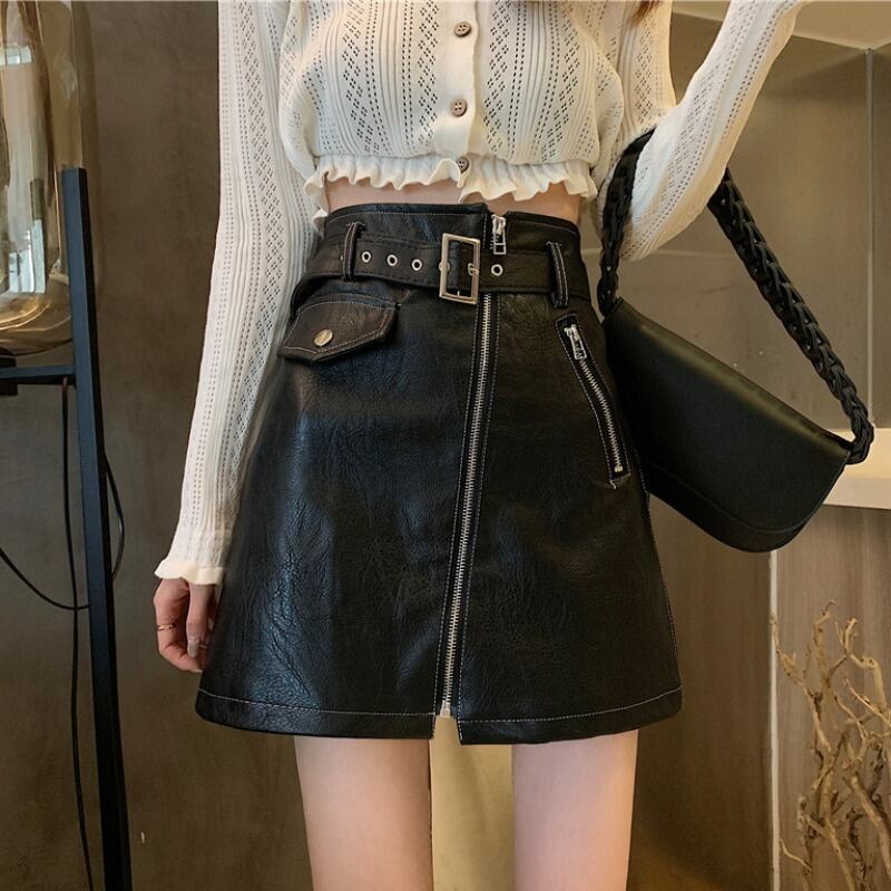 スプリングオータムレザースカート ハイウェストウェストAラインショート薄手ブラック 春物 秋物 YY-ファッション4477112064
