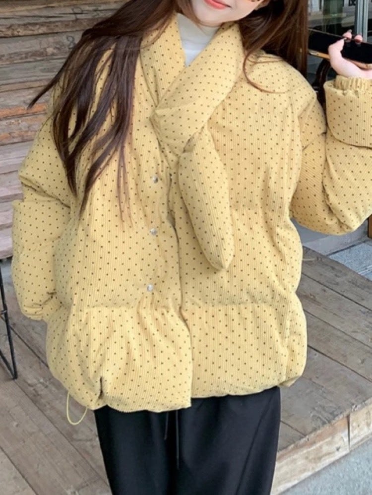 可愛さも暖かさもゆるっと包む ドット柄中綿アウター 秋冬 水玉 おしゃれ 大人可愛い 上品 カジュアル きれいめ ミドル丈 おでかけ デート体型カバー 大きいサイズ 韓国 CH11370