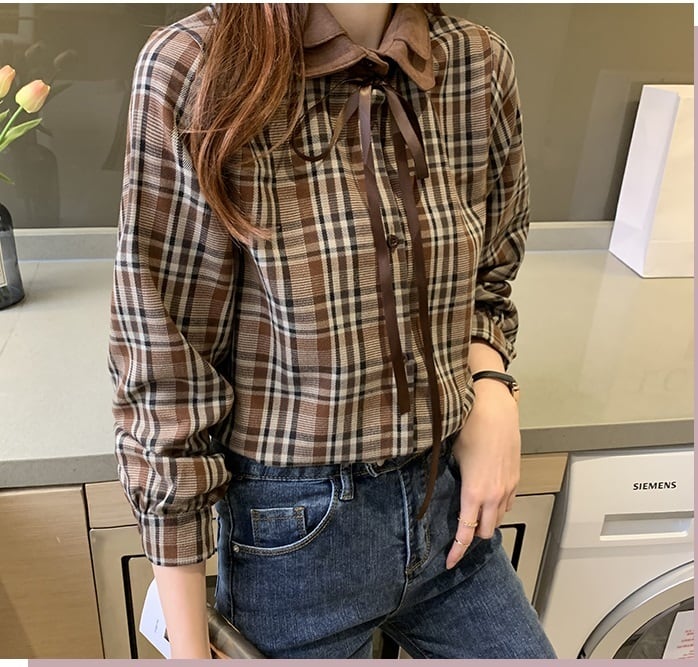 チェック柄シャツ レディース ボウタイシャツ トップス シャツ 長袖