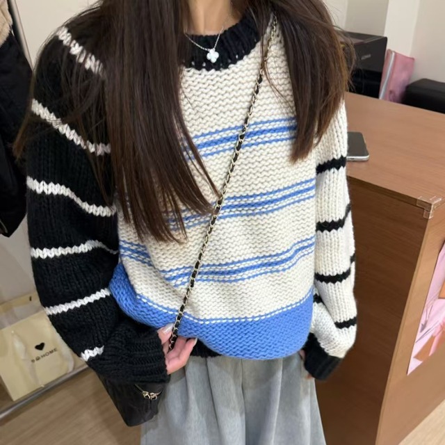 color block stripe chunky knit  e1761