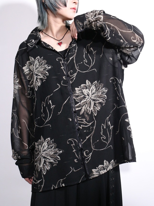 flower art full pattern monotone color sheer shirt