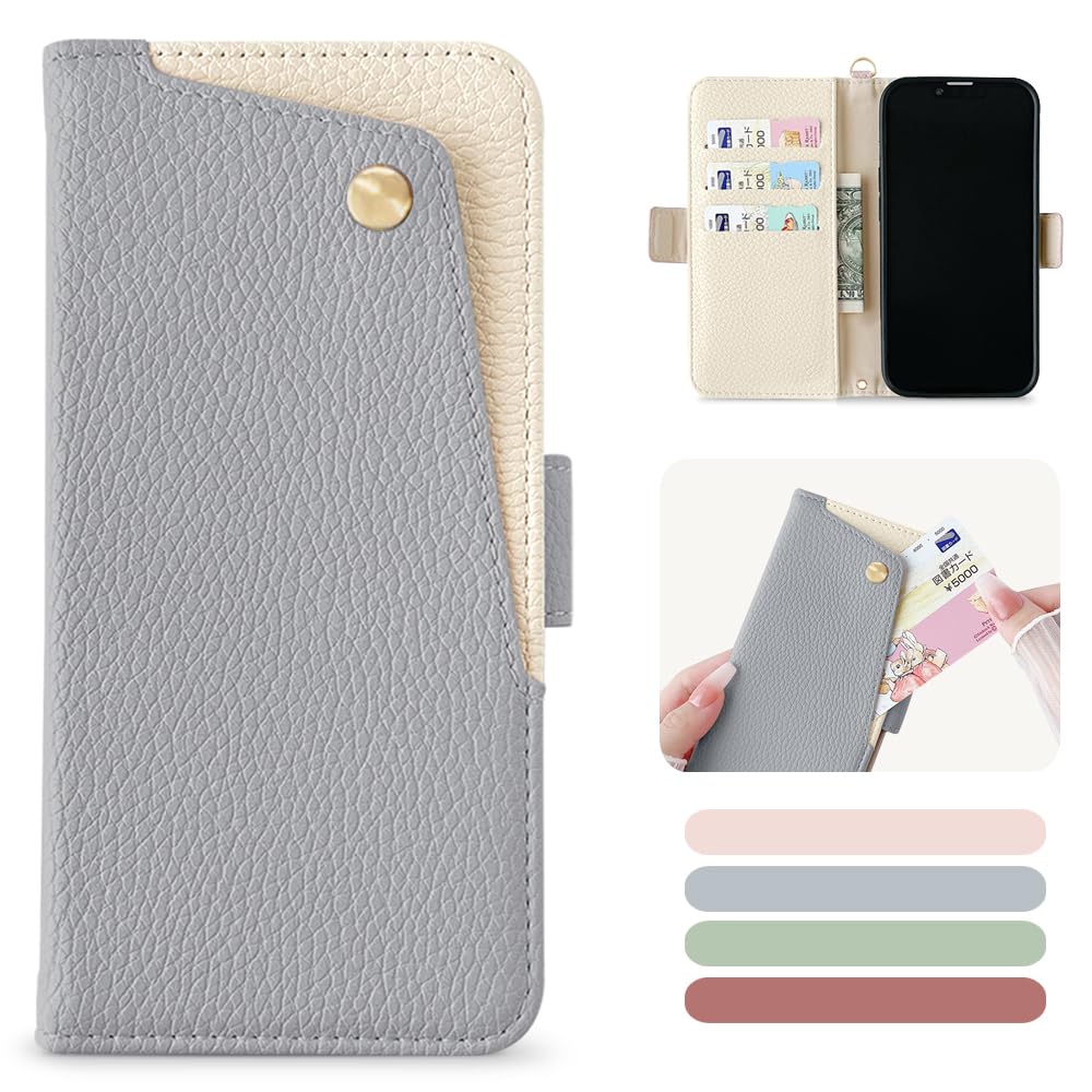 Kahper いphone15 用 ケース 手帳型 バイカラー 表面ポケット便利 iPhone15 携帯カバー財布型 軽量 カード収納 スモークブルー