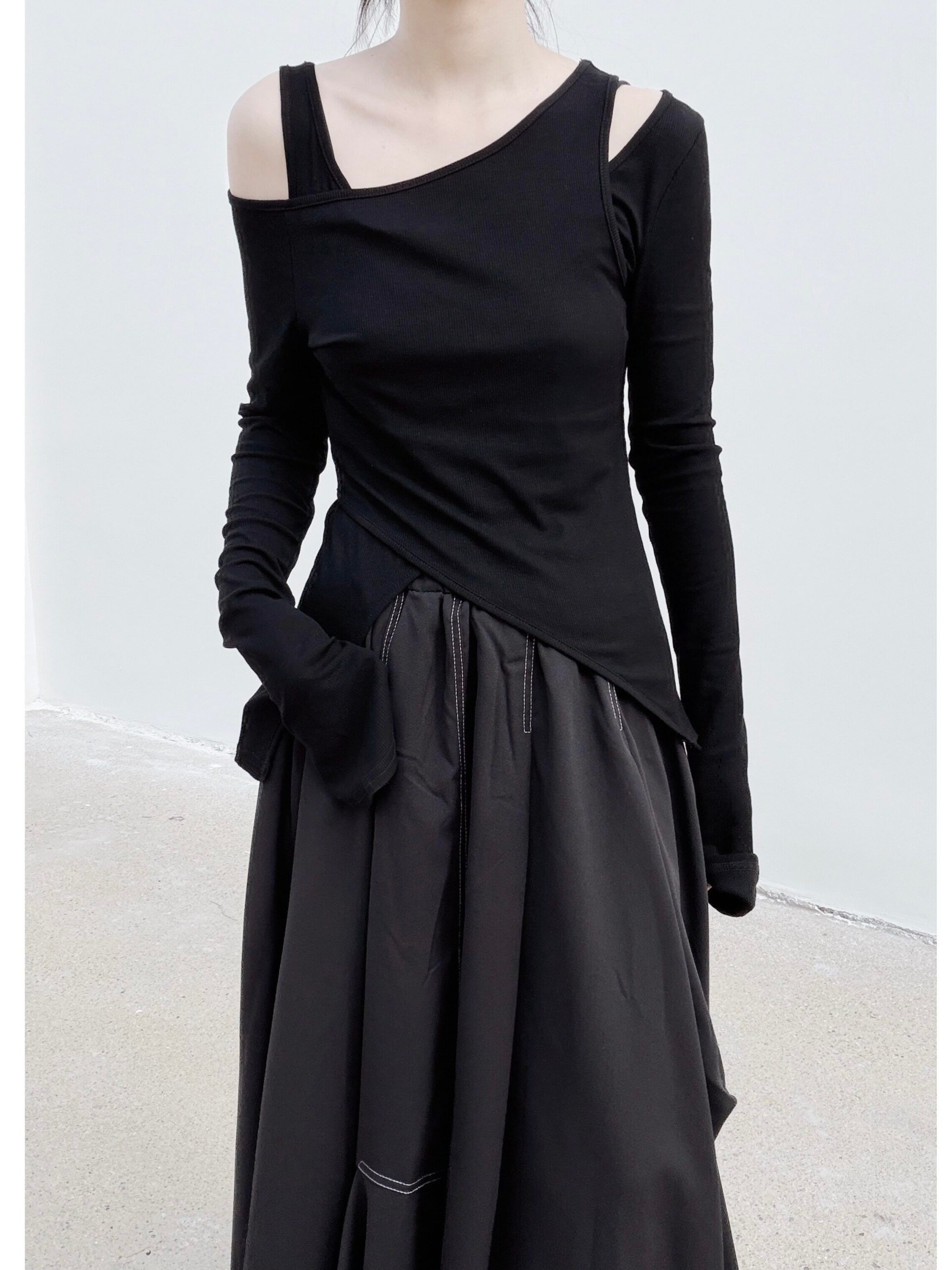 Asymmetric cut-out layered long sleeve top [T2885] | Lilie