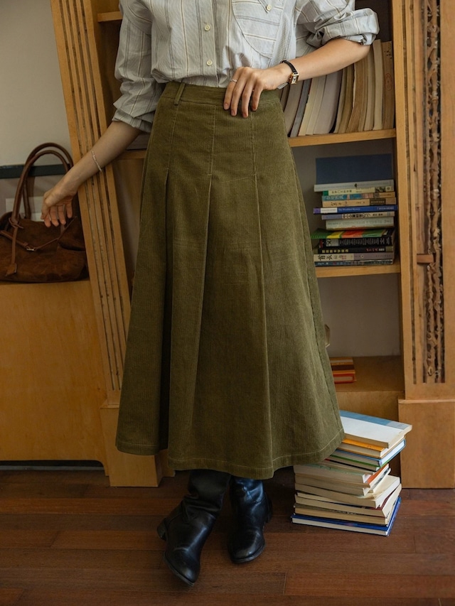 Feuillage Corduroy Pleated Long Skirt F0854