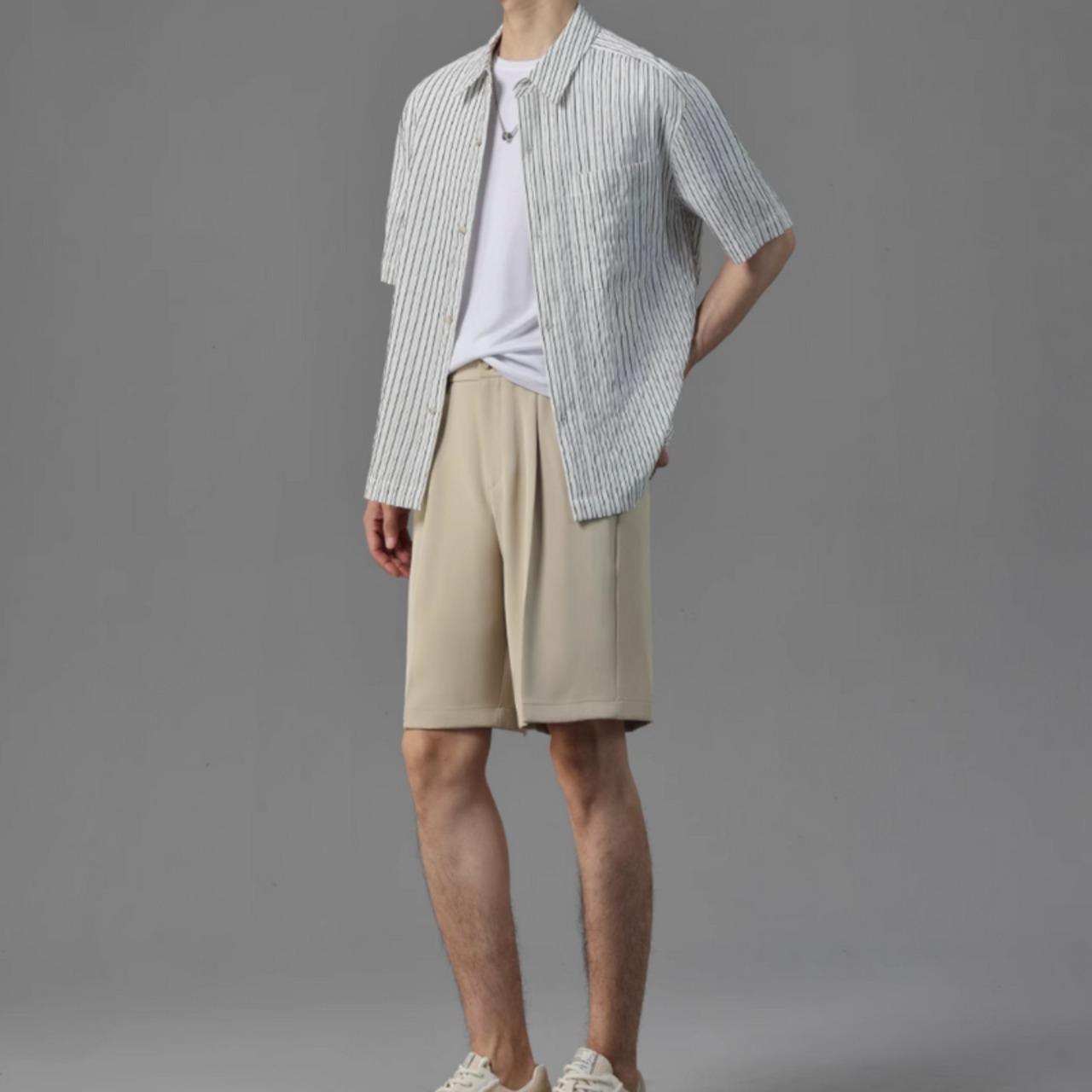 ピンストライプシワ加工半袖シャツ　0633