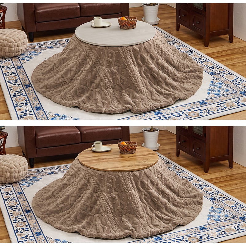 【完成品】円形折れ脚カジュアルコタツ＋うす掛け布団 2点セット 天板リバーシブル こたつ2種x掛け布団2種 モネ68モクモク 幅68cm